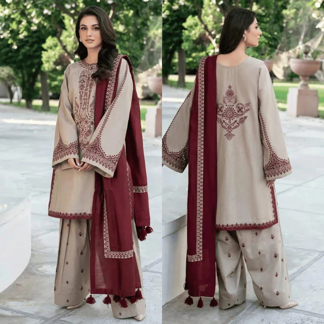 Multicolor Printed Suit Set with Embroidered Neckline - 3 Pcs