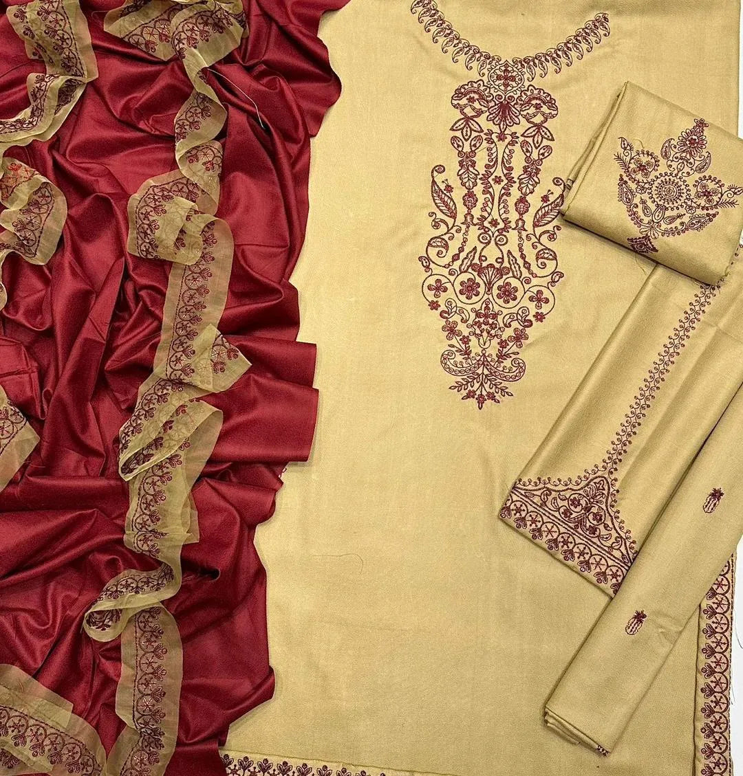 Multicolor Printed Suit Set with Embroidered Neckline - 3 Pcs