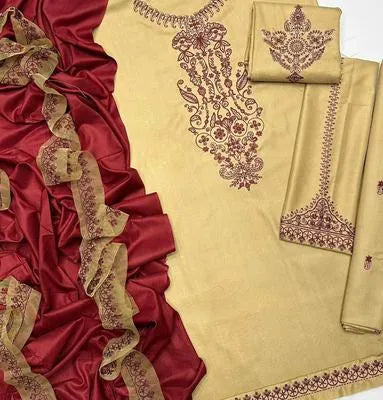 Multicolor Printed Suit Set with Embroidered Neckline - 3 Pcs