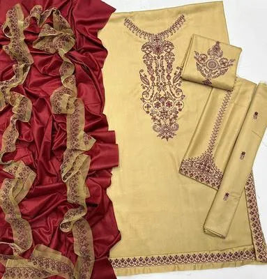 Multicolor Printed Suit Set with Embroidered Neckline - 3 Pcs